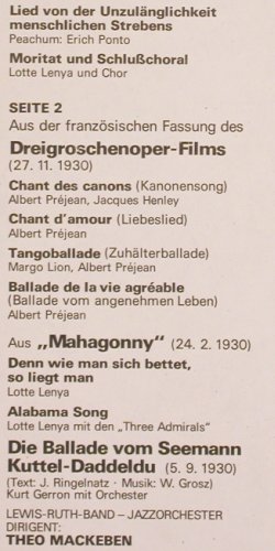 Brecht,Bertolt&sol;Kurt Weill: 1930, Ausz&uuml;ge, Dokumentar Aufn., Eterna (820 440), DDR, 1977 Typ: LP Best.-Nr.: Y355 Preis: 7,50 Euro.