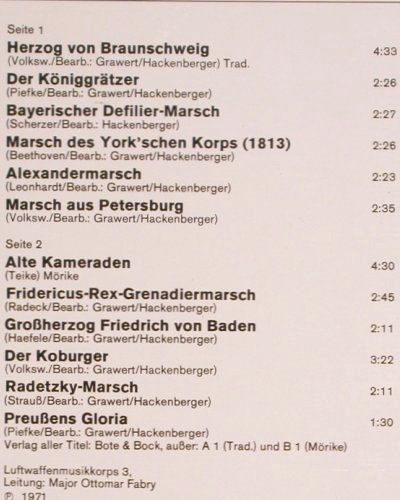 Luftwaffenmusikkorps 3: So schön klingt Marschmusik, Heimat Melodie (CL 29686), D, 1971 Typ: LP Best.-Nr.: V2910 Preis: 6,00 Euro