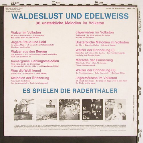 Raderthaler: Waldeslust und Edelweiss, Volksplatte (SMVP 6147), D Typ: LP Best.-Nr.: V2942 Preis: 5,00 Euro