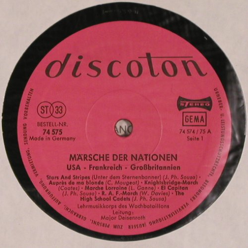 Lehrmusikkorps des Wachbataillons: Märsche der Nationen Maj.Deisenroth, Discoton (74 575), D, 1969 Typ: LP Best.-Nr.: V3809 Preis: 7,50 Euro