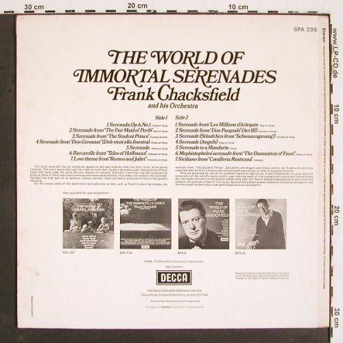 Chacksfield,Frank & his Orch.: The World Of Immortal Serenades '58, Decca (SPA 298), UK, Ri, 1973 Typ: LP Best.-Nr.: V5359 Preis: 7,50 Euro
