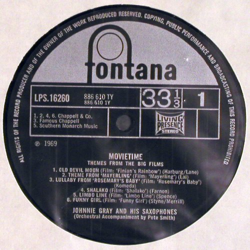 Gray,Johnnie  & his Saxophones: Movietime, Orch.acccomp. Pete Smith, Fontana (LPS 16260), UK, 1969 Typ: LP Best.-Nr.: V6508 Preis: 9,00 Euro.